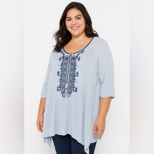 NWT Roaman’s blue embroidered tunic size 20W crinkle rayon bohemian shark bite